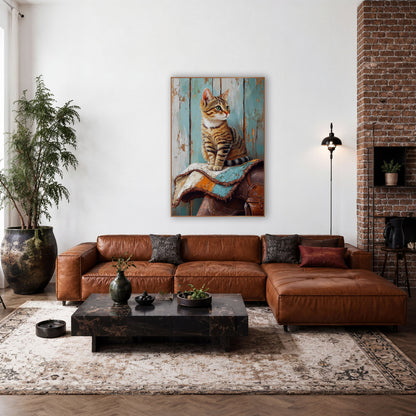 Tabby Cat on Saddle Western wall art in a rustic western-style room – tabby cat with green eyes sitting on a folded