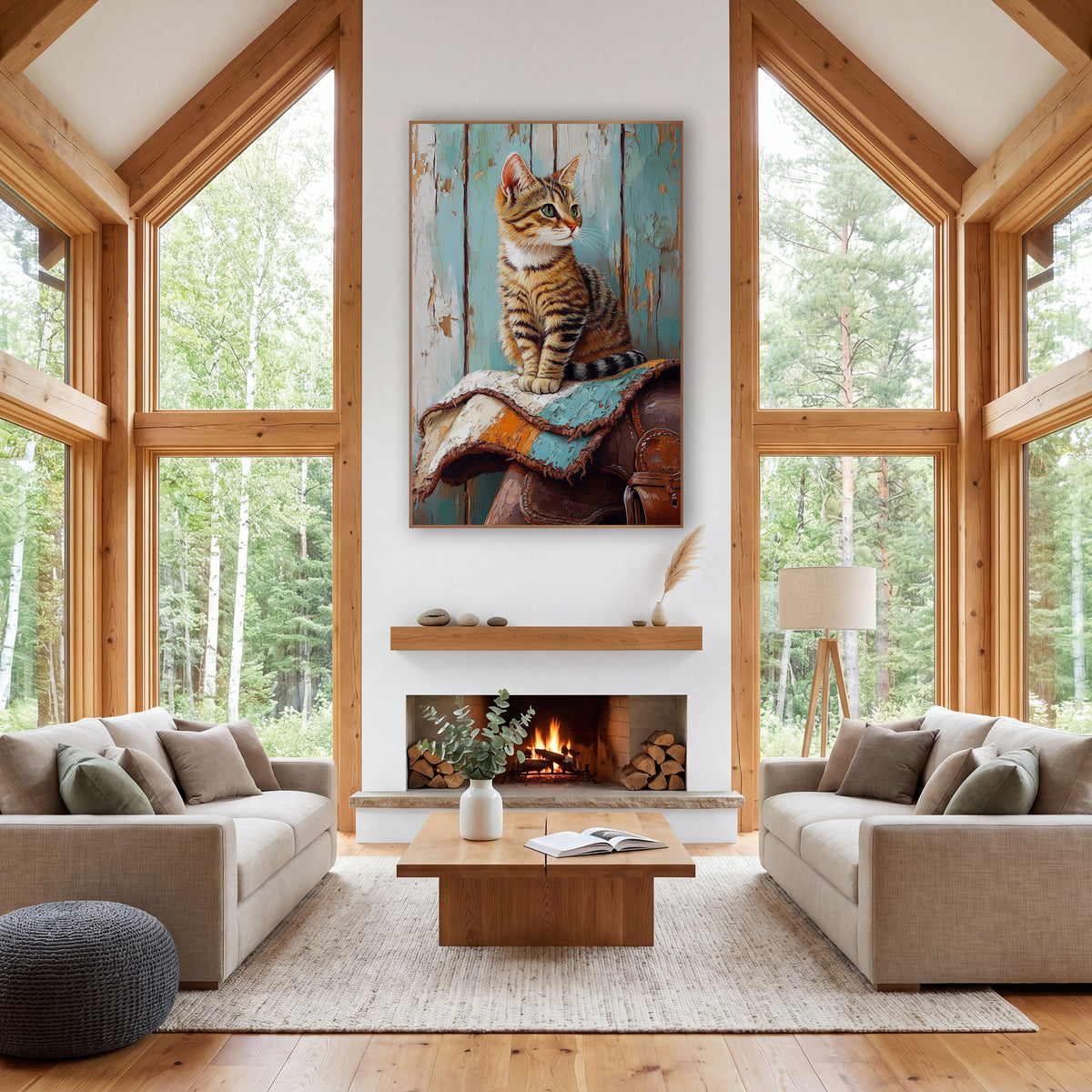 Tabby Cat on Saddle Western wall art in a rustic western-style room – tabby cat with green eyes sitting on a folded