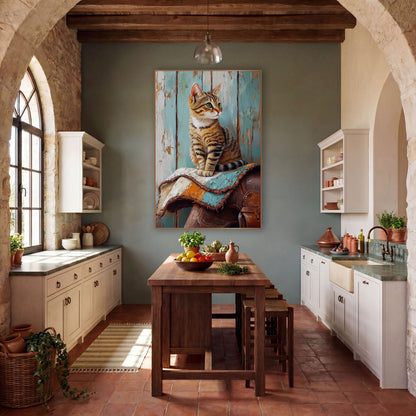 Tabby Cat on Saddle Western wall art in a rustic western-style room – tabby cat with green eyes sitting on a folded
