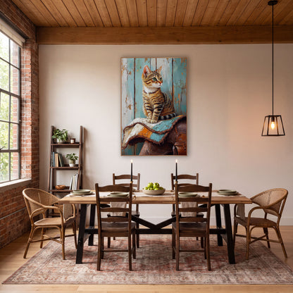 Tabby Cat on Saddle Western wall art in a rustic western-style room – tabby cat with green eyes sitting on a folded