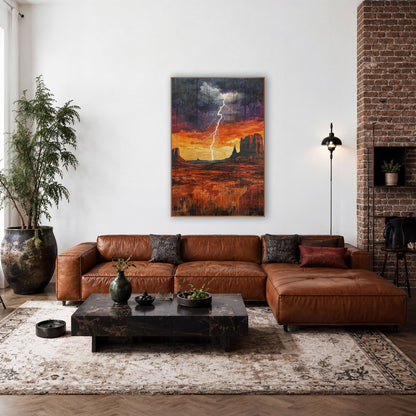 Desert Storm Lightning Western wall art in a rustic western-style room – white lightning bolt over desert mesas