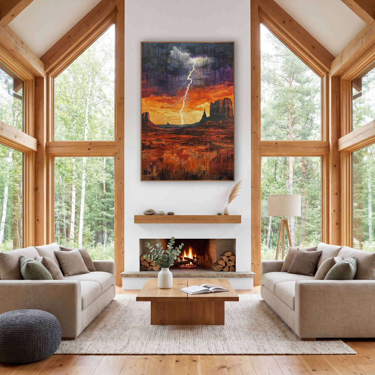 Desert Storm Lightning Western wall art in a rustic western-style room – white lightning bolt over desert mesas