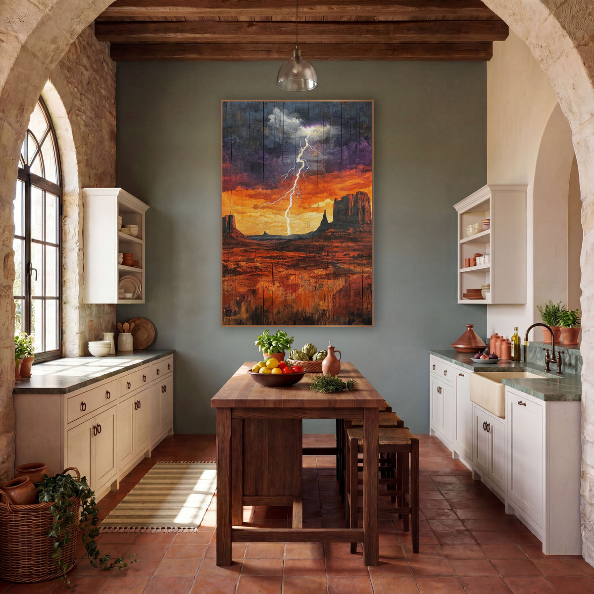 Desert Storm Lightning Western wall art in a rustic western-style room – white lightning bolt over desert mesas