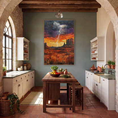 Desert Storm Lightning Western wall art in a rustic western-style room – white lightning bolt over desert mesas