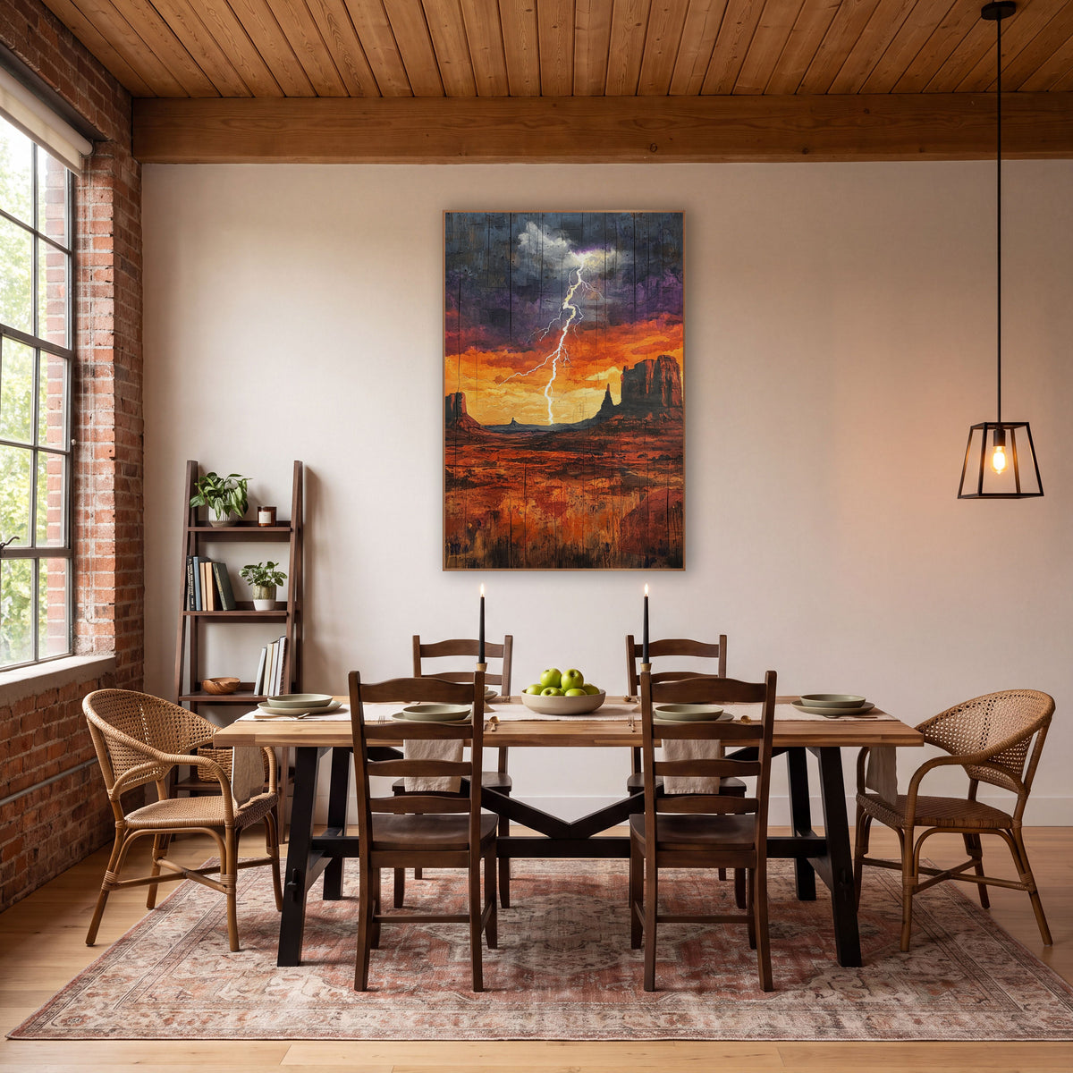 Desert Storm Lightning Western wall art in a rustic western-style room – white lightning bolt over desert mesas