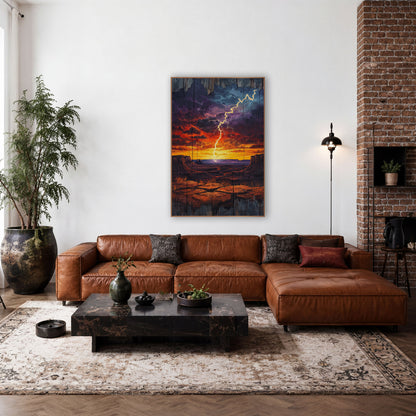Desert Lightning Storm Western wall art in a rustic western-style room – lightning bolt striking a desert plain