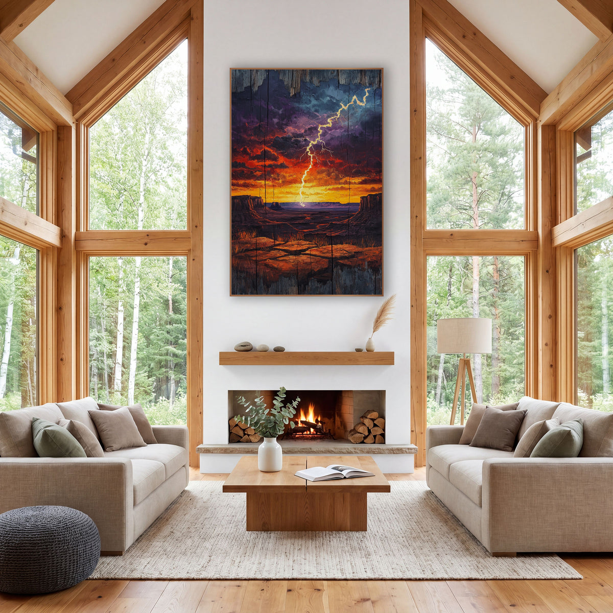 Desert Lightning Storm Western wall art in a rustic western-style room – lightning bolt striking a desert plain