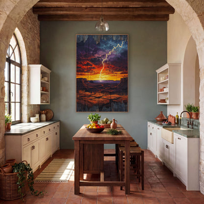 Desert Lightning Storm Western wall art in a rustic western-style room – lightning bolt striking a desert plain