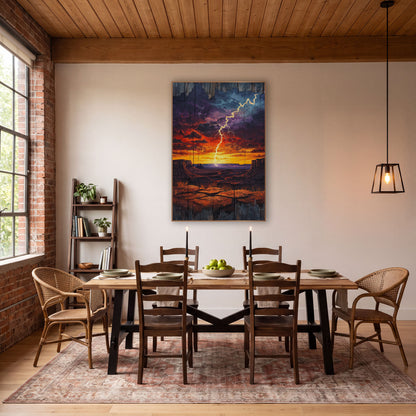 Desert Lightning Storm Western wall art in a rustic western-style room – lightning bolt striking a desert plain
