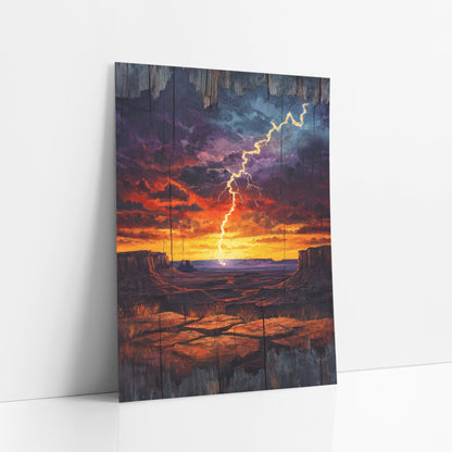 Desert Lightning Storm Western art print leaning against a white wall – lightning bolt striking a desert plain with mesas