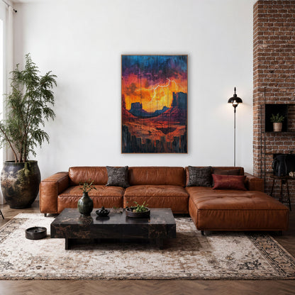 Desert Lightning Storm Western Decor wall art in a rustic western-style room – white lightning bolt over red desert