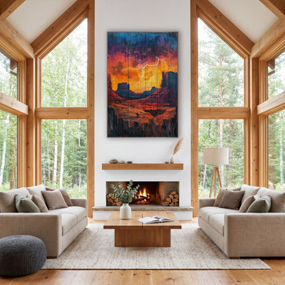 Desert Lightning Storm Western Decor wall art in a rustic western-style room – white lightning bolt over red desert