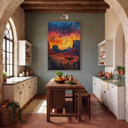 Desert Lightning Storm Western Decor wall art in a rustic western-style room – white lightning bolt over red desert
