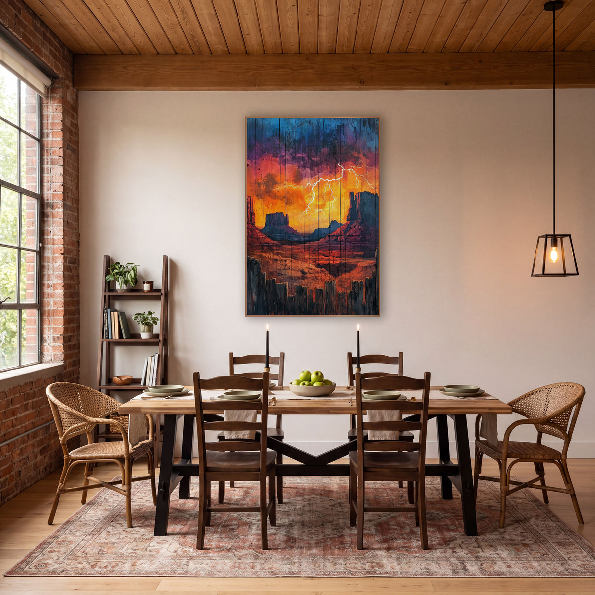 Desert Lightning Storm Western Decor wall art in a rustic western-style room – white lightning bolt over red desert