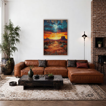 Desert Lightning Mesa Southwestern Decor wall art in a rustic western-style room – lightning bolt over a desert mesa