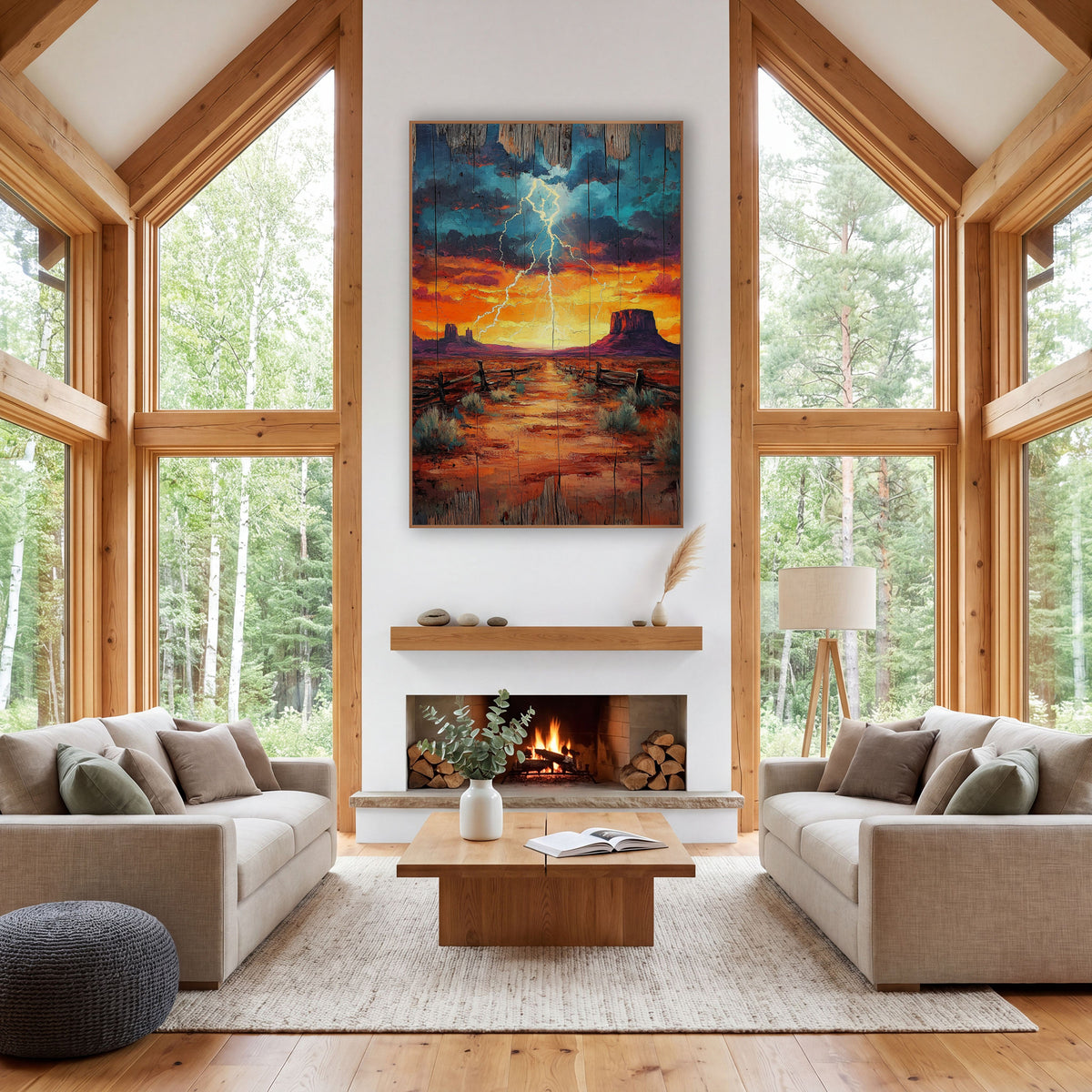 Desert Lightning Mesa Southwestern Decor wall art in a rustic western-style room – lightning bolt over a desert mesa