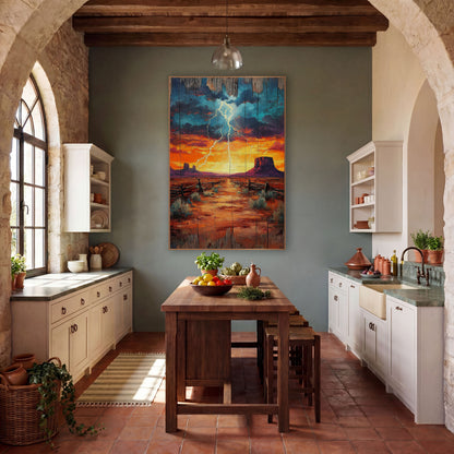 Desert Lightning Mesa Southwestern Decor wall art in a rustic western-style room – lightning bolt over a desert mesa
