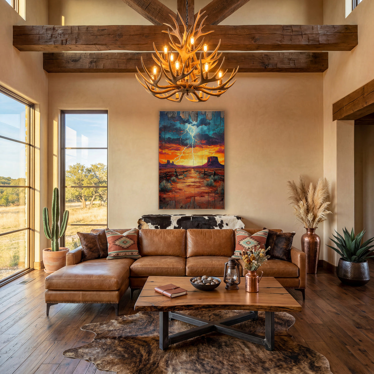 Desert Lightning Mesa Southwestern Decor wall art in a rustic western-style room – lightning bolt over a desert mesa