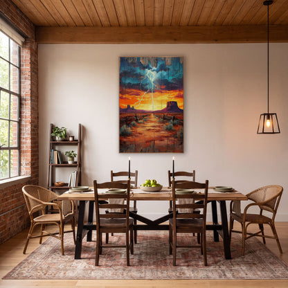 Desert Lightning Mesa Southwestern Decor wall art in a rustic western-style room – lightning bolt over a desert mesa