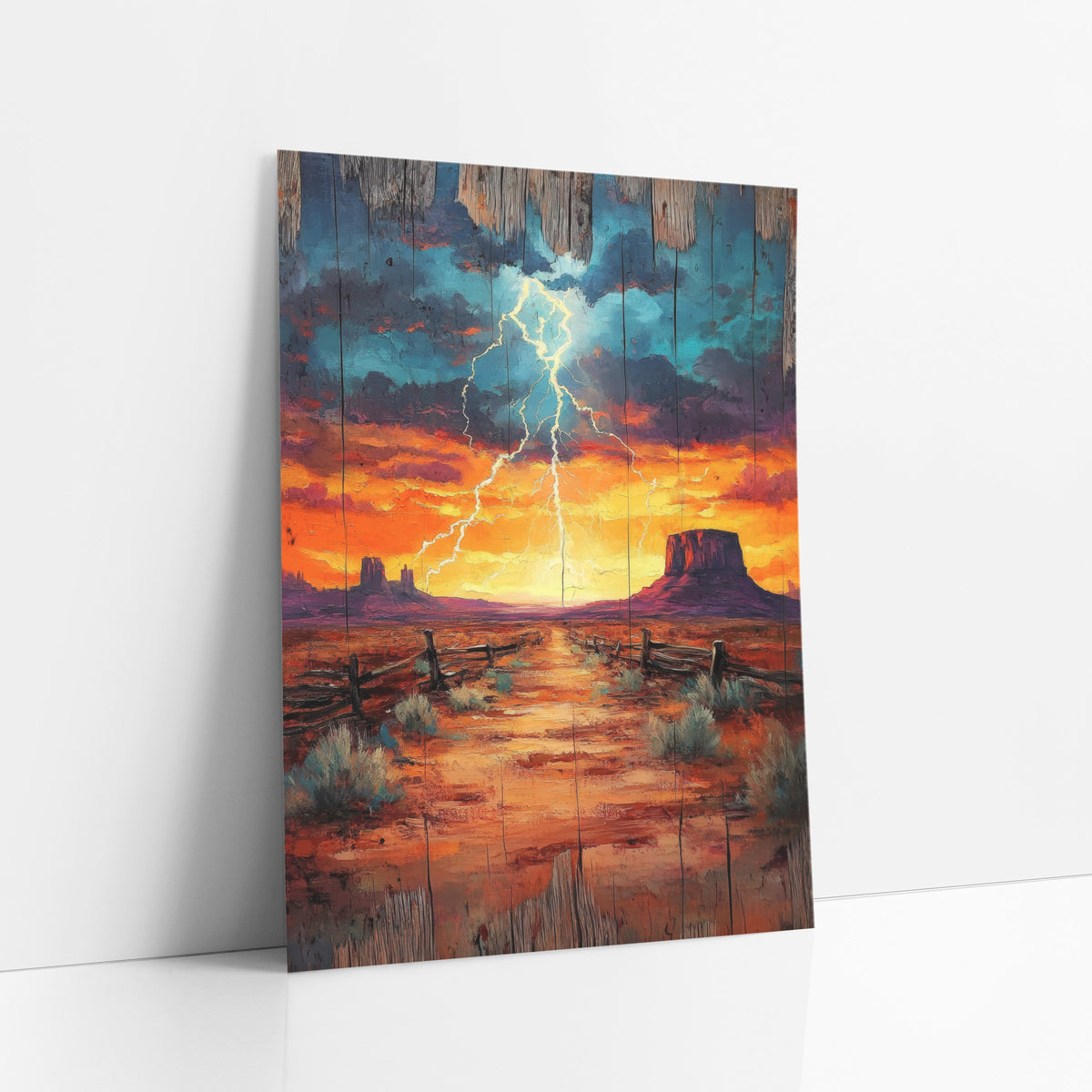 Desert Lightning Mesa Southwestern Decor art print leaning against a white wall – lightning bolt over a desert mesa