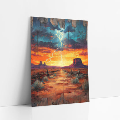 Desert Lightning Mesa Southwestern Decor art print leaning against a white wall – lightning bolt over a desert mesa