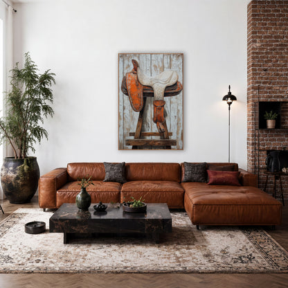 Rustic Orange Western Saddle Study wall art in a rustic western-style room – orange and cream cracked-leather western