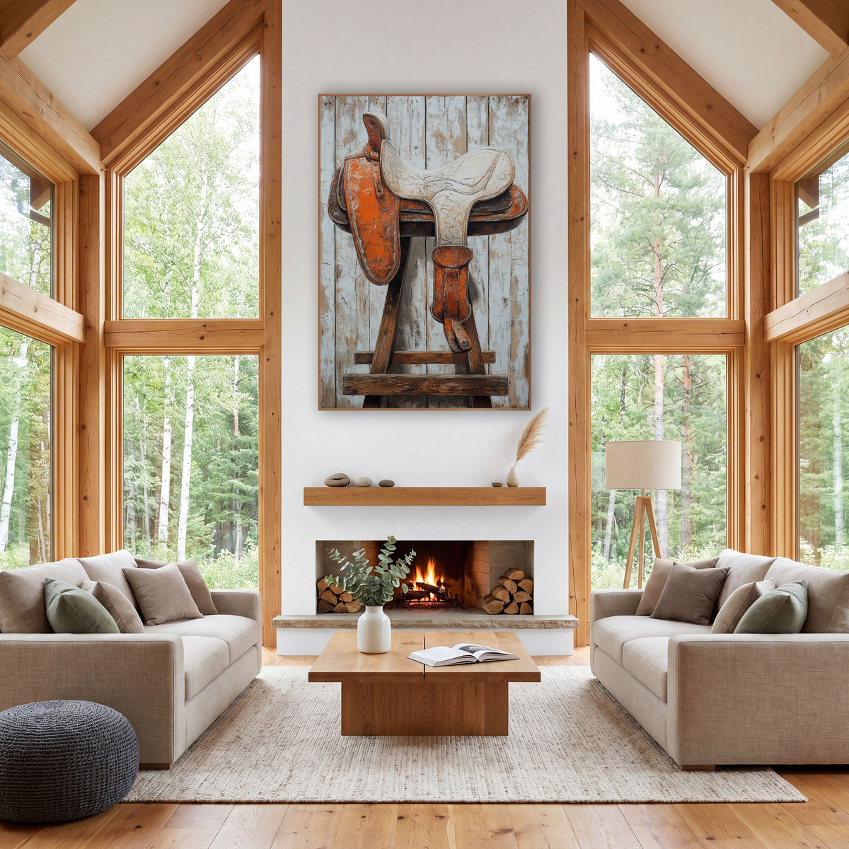 Rustic Orange Western Saddle Study wall art in a rustic western-style room – orange and cream cracked-leather western