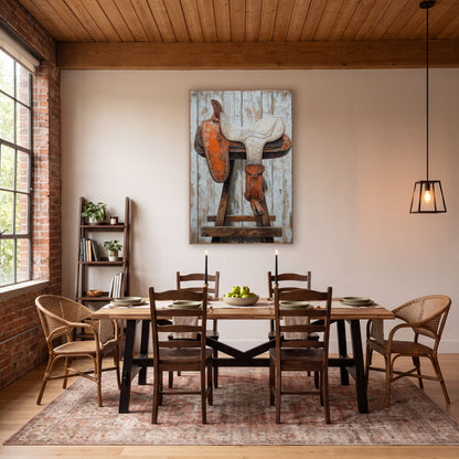 Rustic Orange Western Saddle Study wall art in a rustic western-style room – orange and cream cracked-leather western
