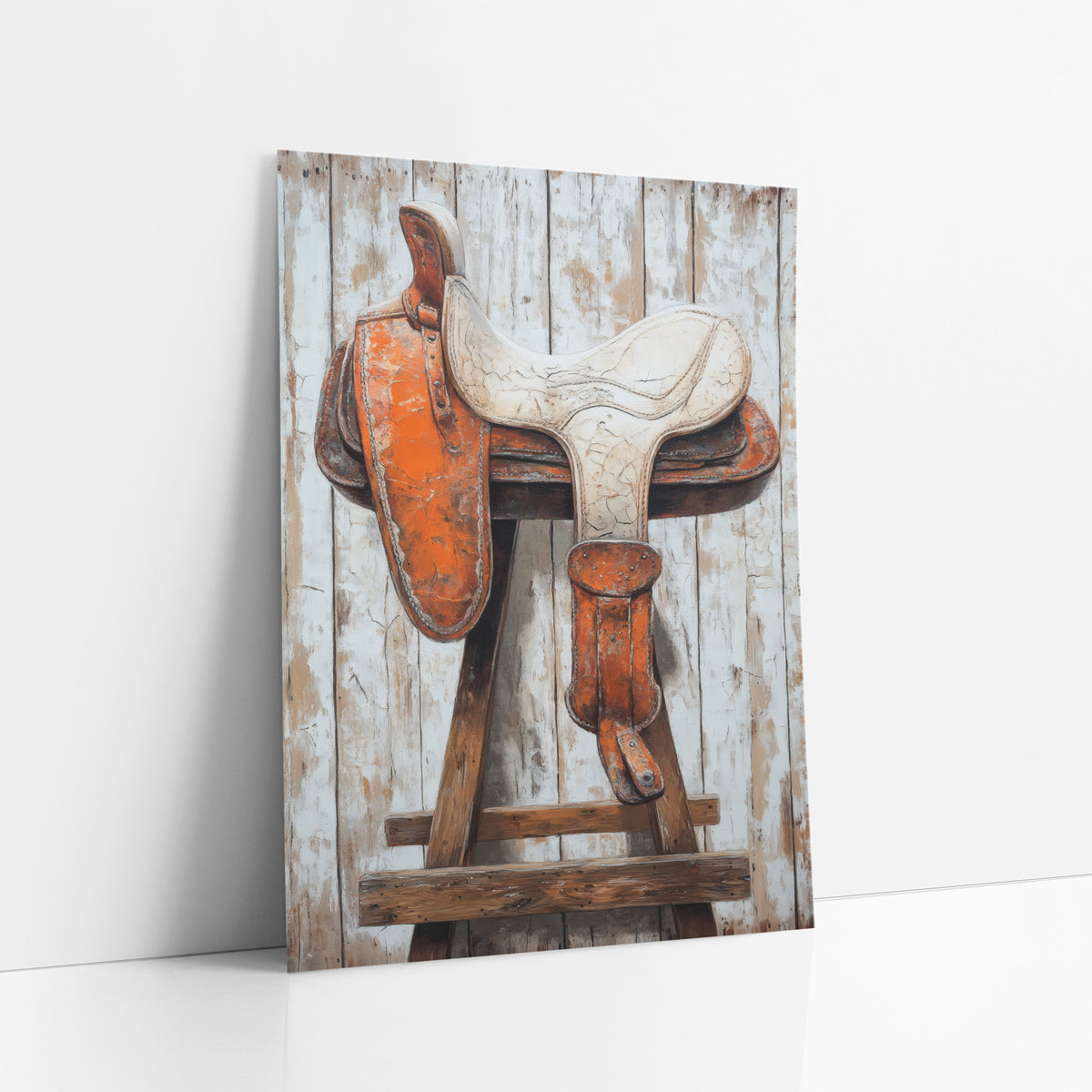 Rustic Orange Western Saddle Study art print leaning against a white wall – orange and cream cracked-leather western saddle