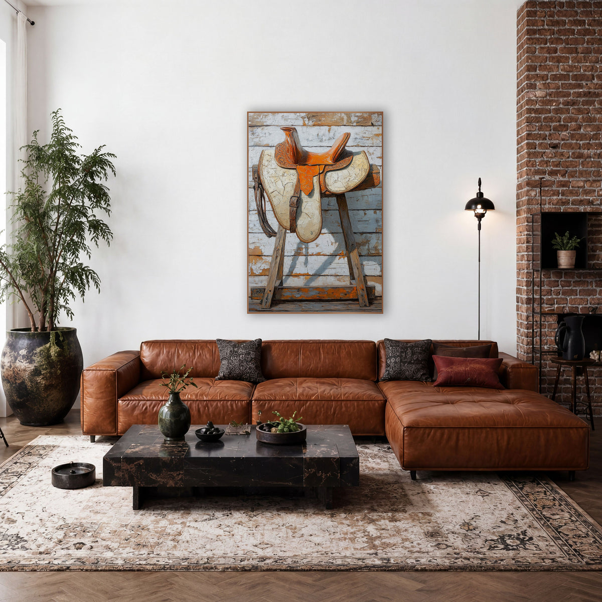 Orange Leather Saddle Western Rustic wall art in a rustic western-style room – orange tooled leather western saddle
