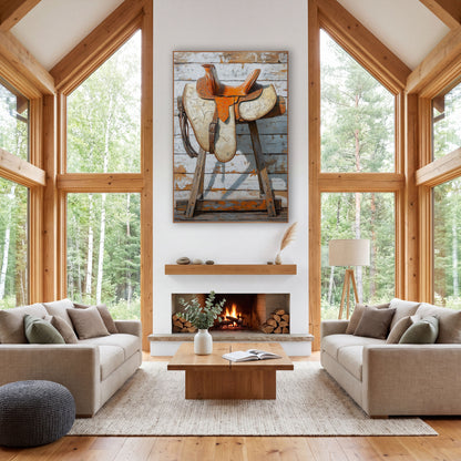 Orange Leather Saddle Western Rustic wall art in a rustic western-style room – orange tooled leather western saddle