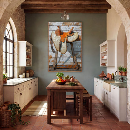 Orange Leather Saddle Western Rustic wall art in a rustic western-style room – orange tooled leather western saddle