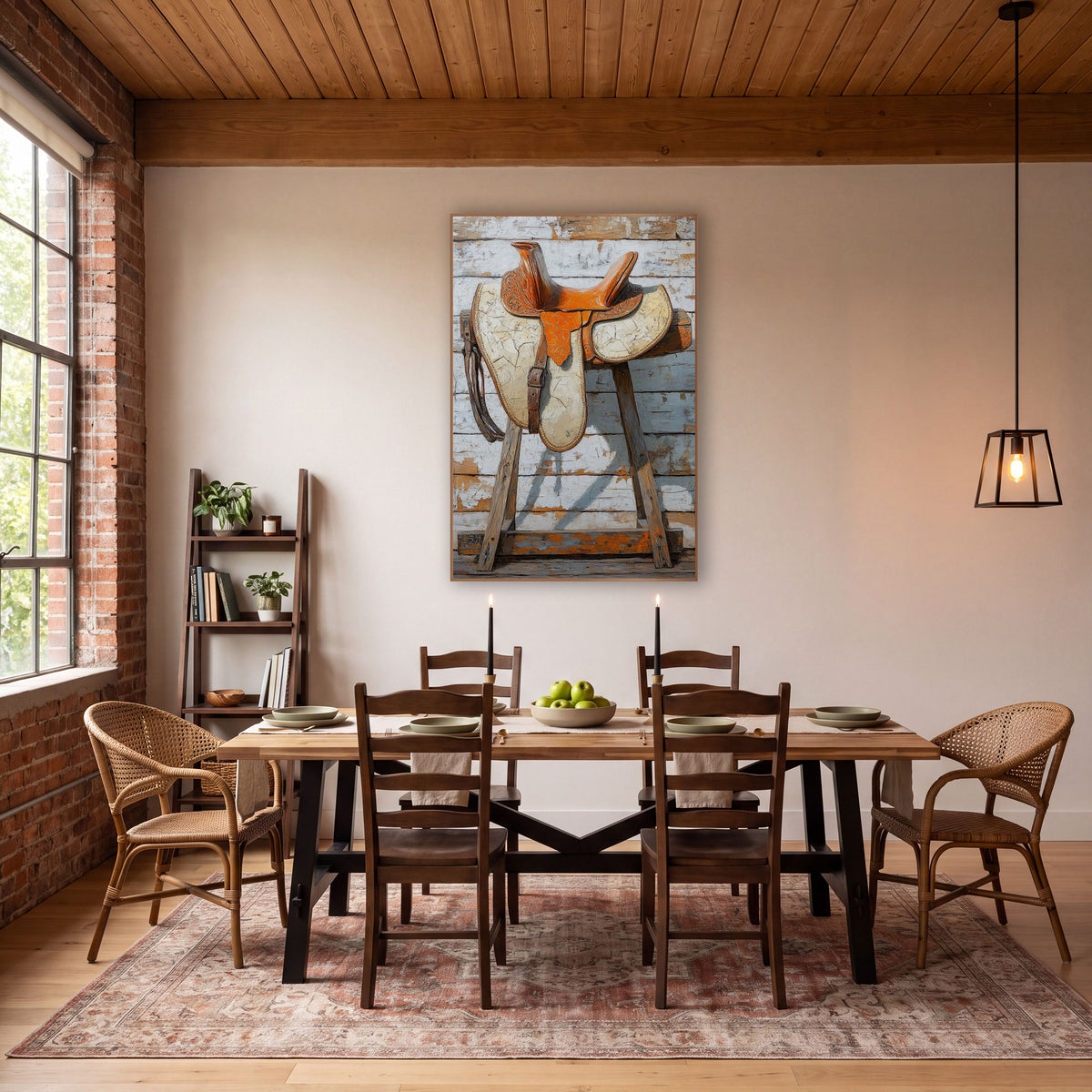 Orange Leather Saddle Western Rustic wall art in a rustic western-style room – orange tooled leather western saddle