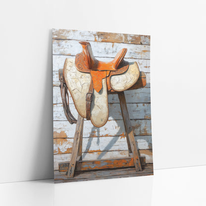 Orange Leather Saddle Western Rustic art print leaning against a white wall – orange tooled leather western saddle with cream