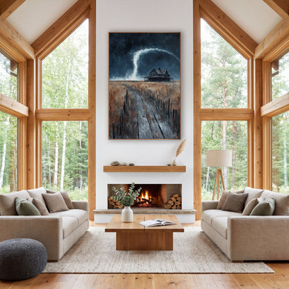 Prairie Storm Farmhouse Western Decor wall art in a rustic western-style room – weathered farmhouse on a dry prairie