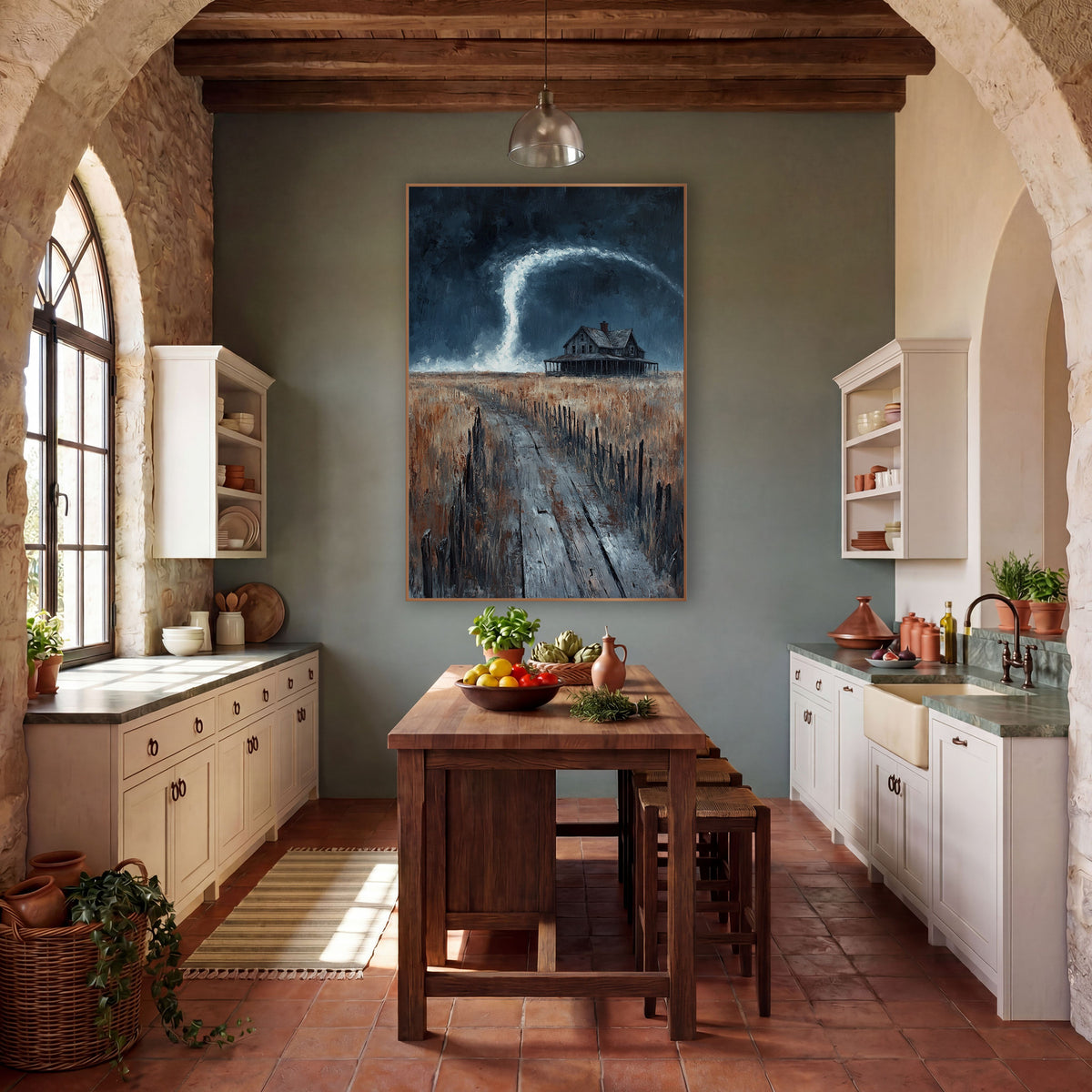 Prairie Storm Farmhouse Western Decor wall art in a rustic western-style room – weathered farmhouse on a dry prairie