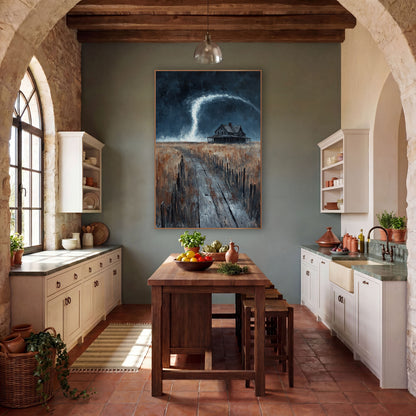 Prairie Storm Farmhouse Western Decor wall art in a rustic western-style room – weathered farmhouse on a dry prairie