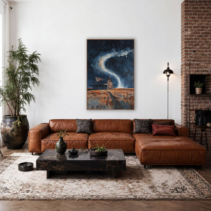 Porch Farmhouse Cyclone Dripping Painterly wall art in a rustic western-style room – weathered farmhouse on a rust