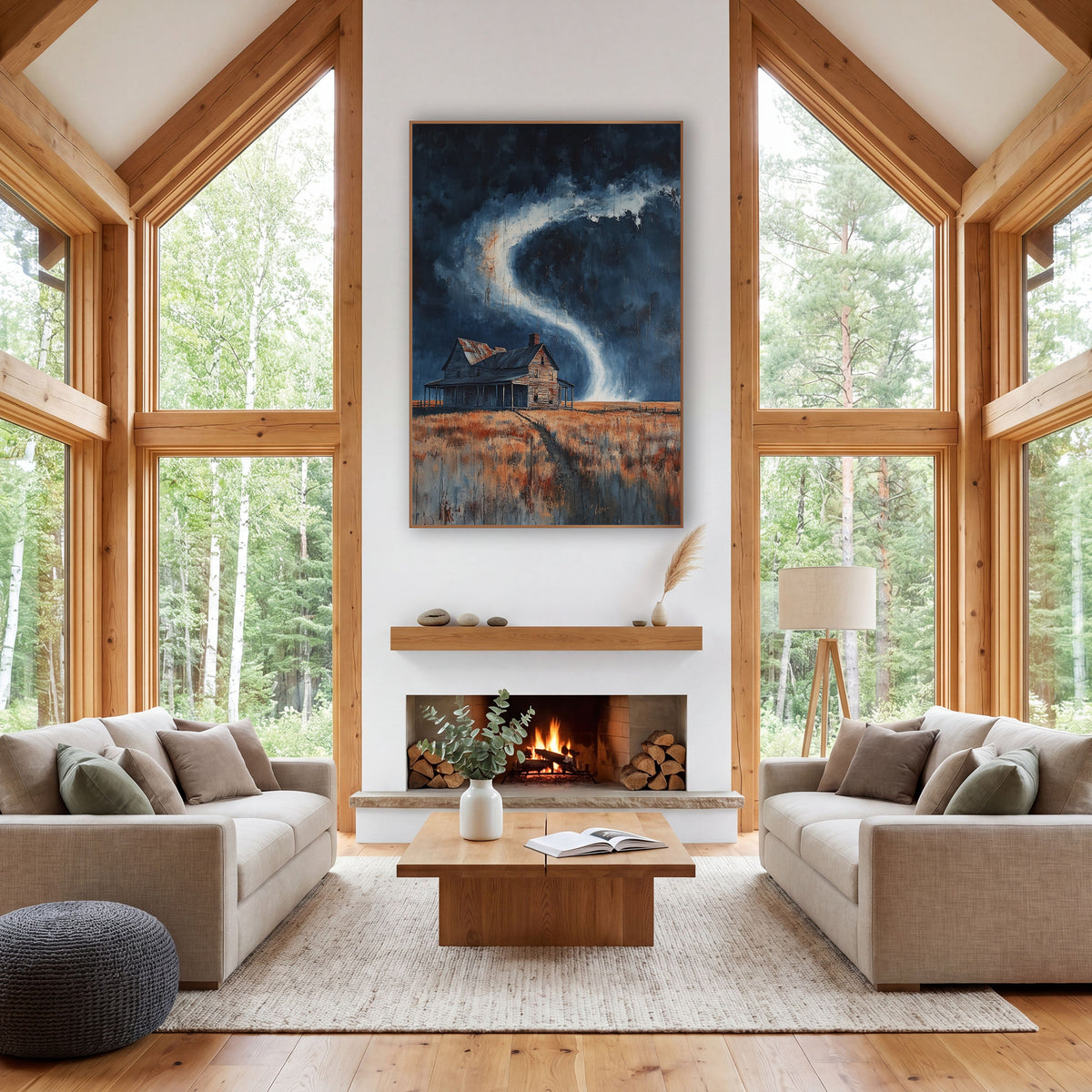 Porch Farmhouse Cyclone Dripping Painterly wall art in a rustic western-style room – weathered farmhouse on a rust