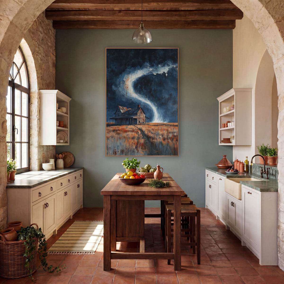 Porch Farmhouse Cyclone Dripping Painterly wall art in a rustic western-style room – weathered farmhouse on a rust