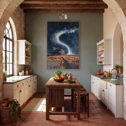 Porch Farmhouse Cyclone Dripping Painterly wall art in a rustic western-style room – weathered farmhouse on a rust