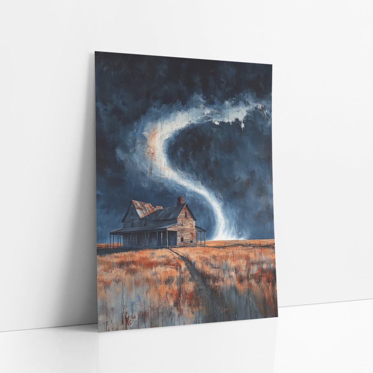 Porch Farmhouse Cyclone Dripping Painterly art print leaning against a white wall – weathered farmhouse on a rust orange
