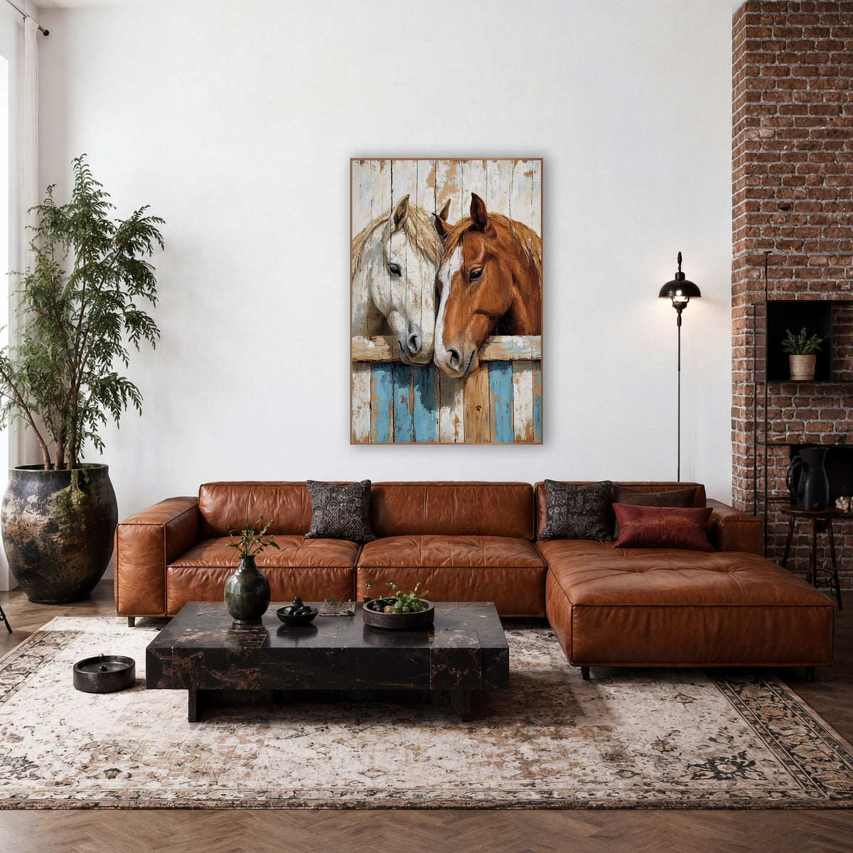 Nuzzling Horses Rustic Western Barn wall art in a rustic western-style room – A white horse and a chestnut horse