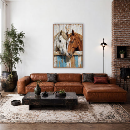Nuzzling Horses Rustic Western Barn wall art in a rustic western-style room – A white horse and a chestnut horse