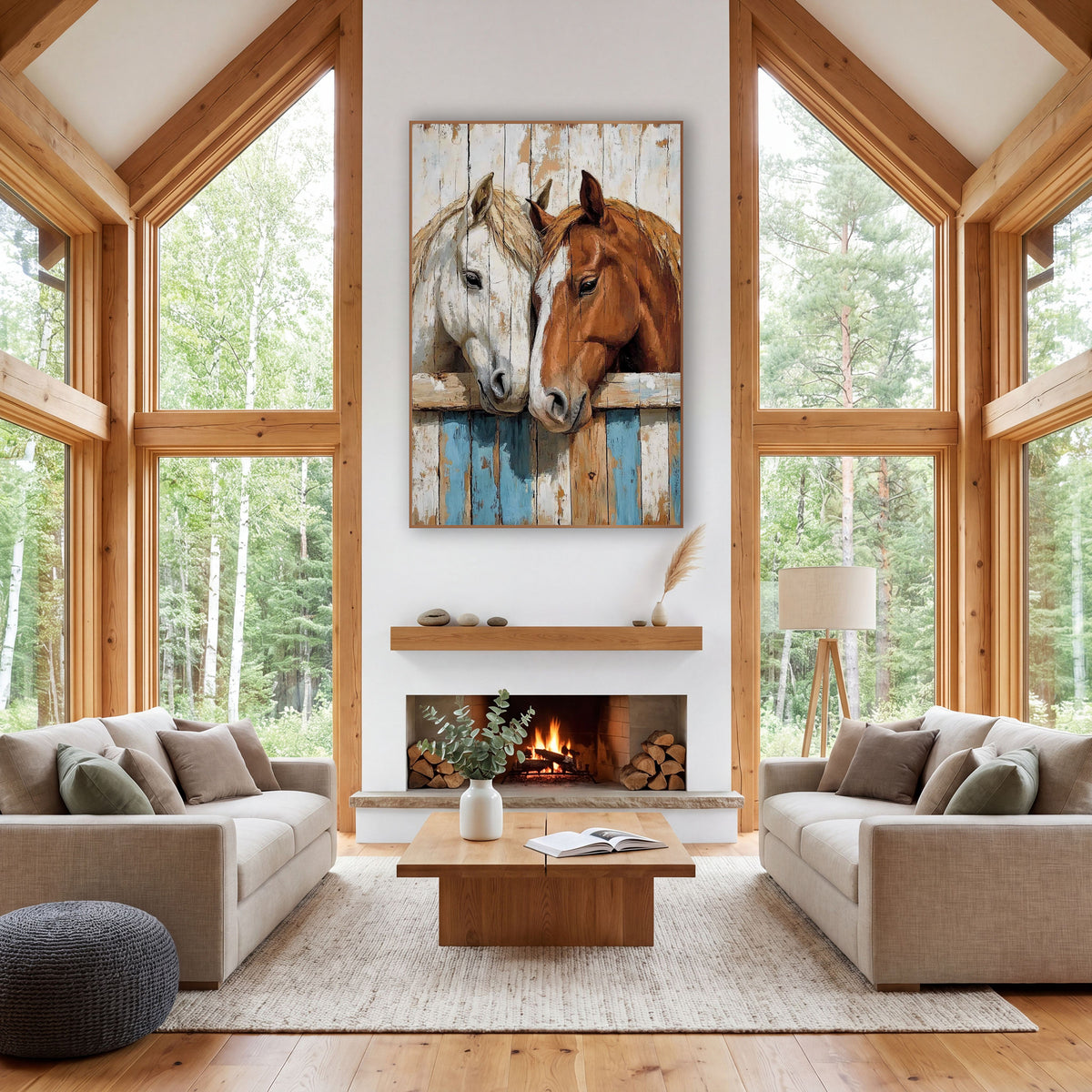 Nuzzling Horses Rustic Western Barn wall art in a rustic western-style room – A white horse and a chestnut horse