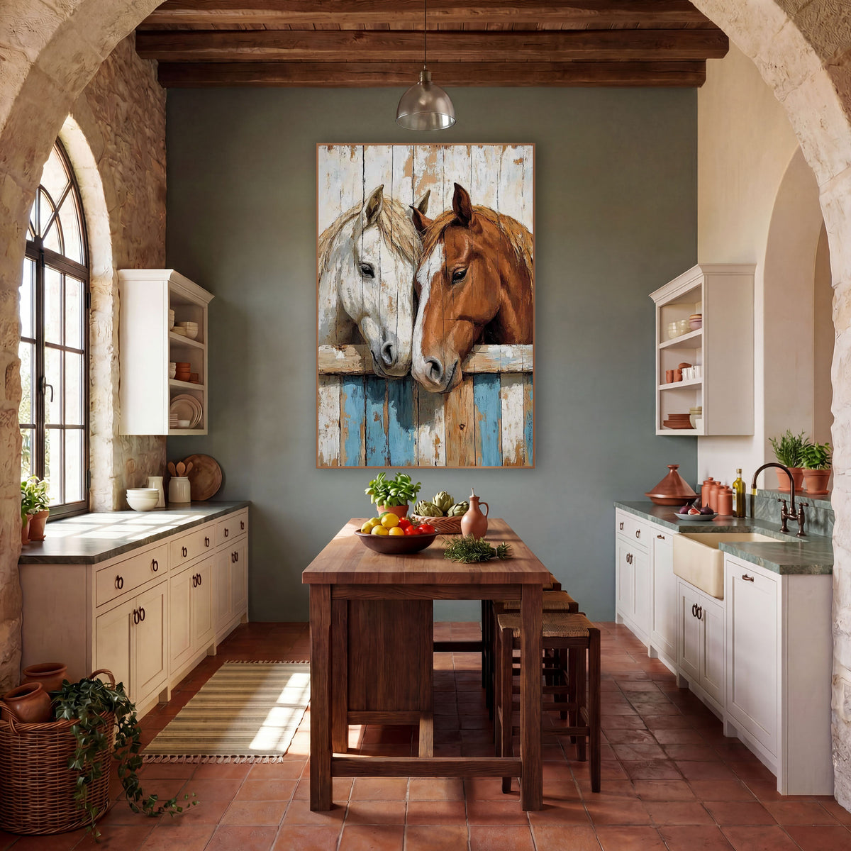 Nuzzling Horses Rustic Western Barn wall art in a rustic western-style room – A white horse and a chestnut horse