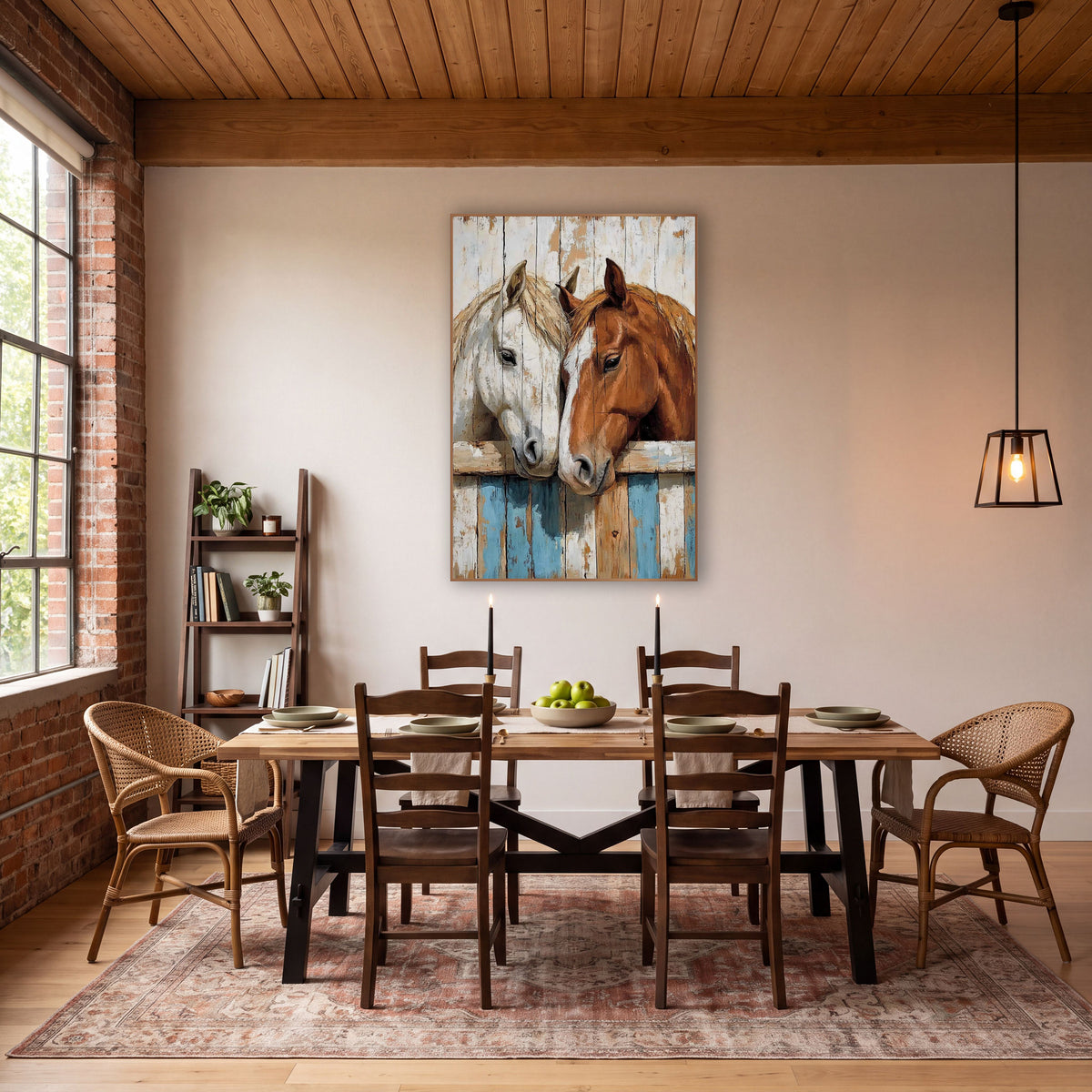 Nuzzling Horses Rustic Western Barn wall art in a rustic western-style room – A white horse and a chestnut horse