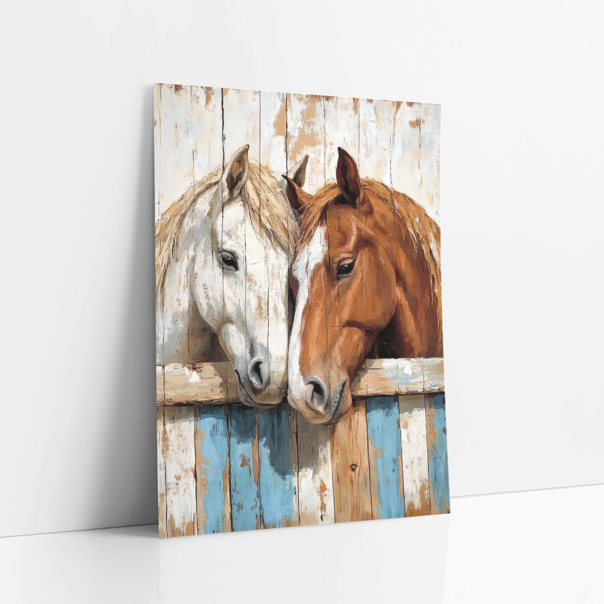 Nuzzling Horses Rustic Western Barn art print leaning against a white wall – A white horse and a chestnut horse nuzzle