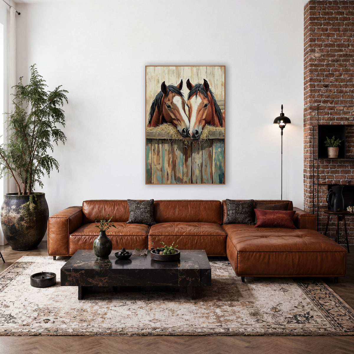 Two Bay Horses Western Rustic wall art in a rustic western-style room – two bay horses with white blazes and black