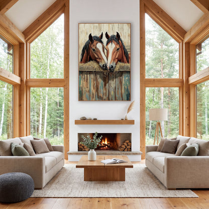 Two Bay Horses Western Rustic wall art in a rustic western-style room – two bay horses with white blazes and black